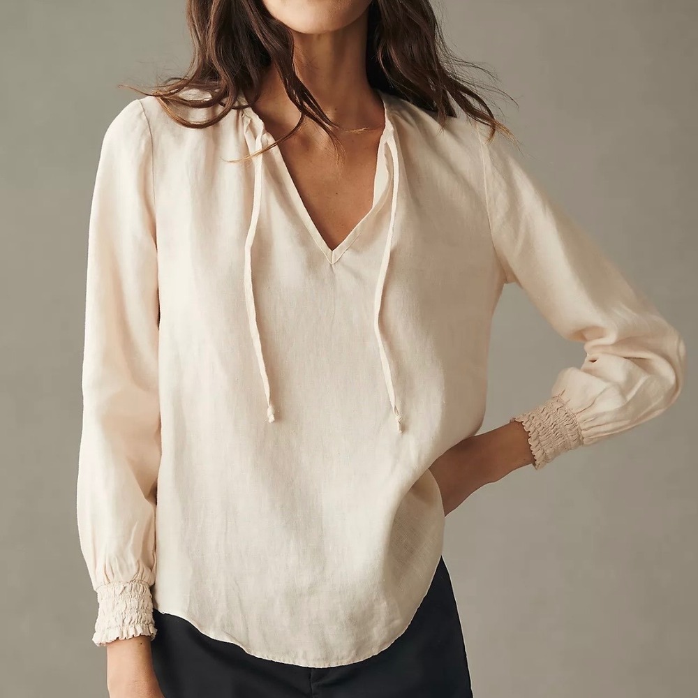 Cloth & Stone Peach 100% Linen Smocked Cuff Tie Neck Blouse Small